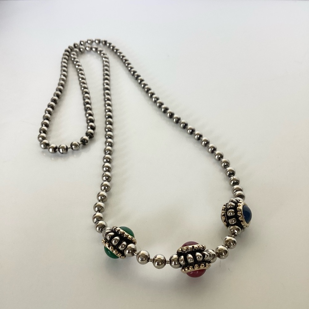 Gripoix Style Silver Tone Bead Ball Chain Multicolor 3 Ball Pendant 18" Necklace - Picture 4 of 16